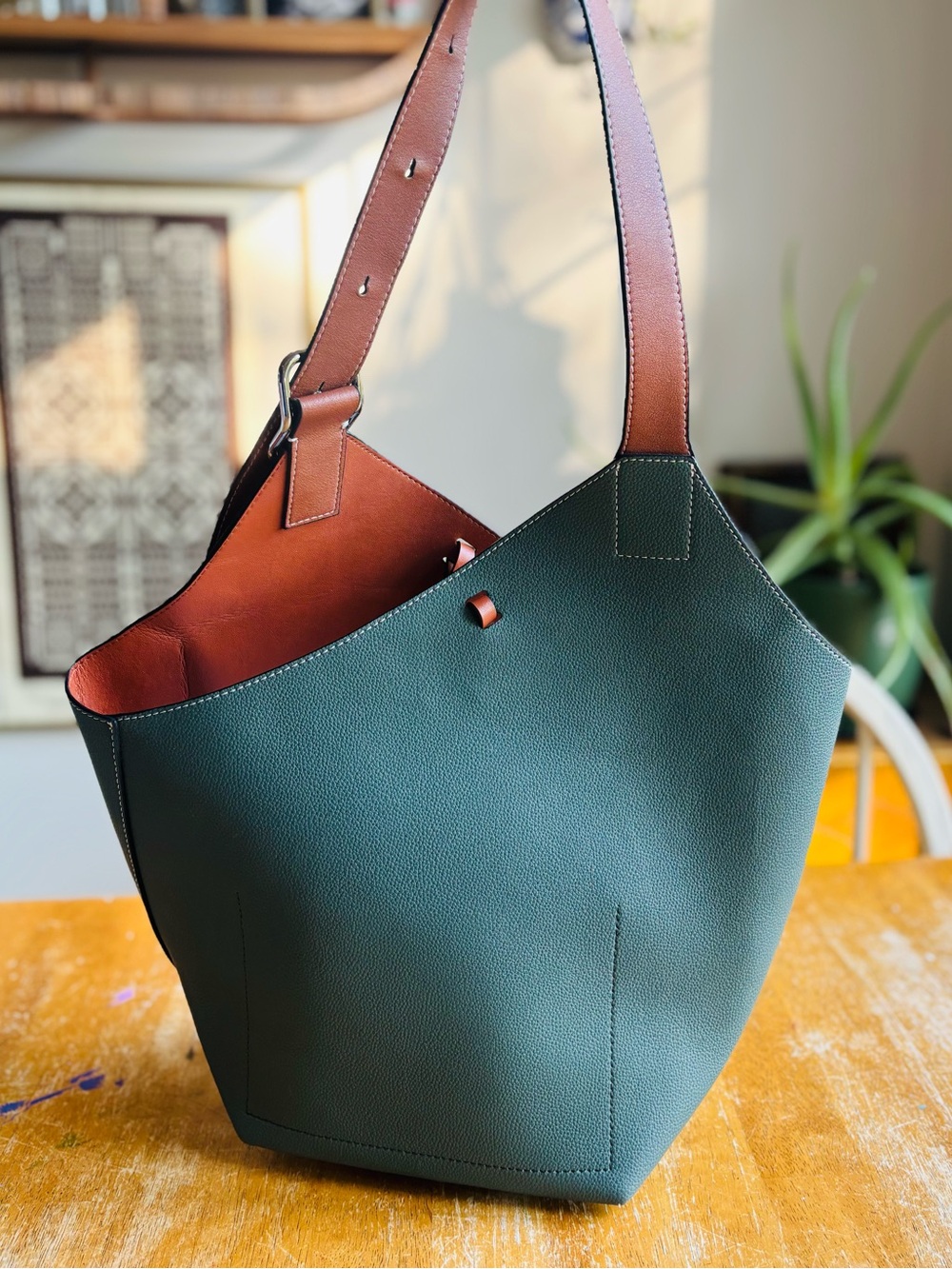 Faux Leather Tote Bag Green and Brown, large buckle